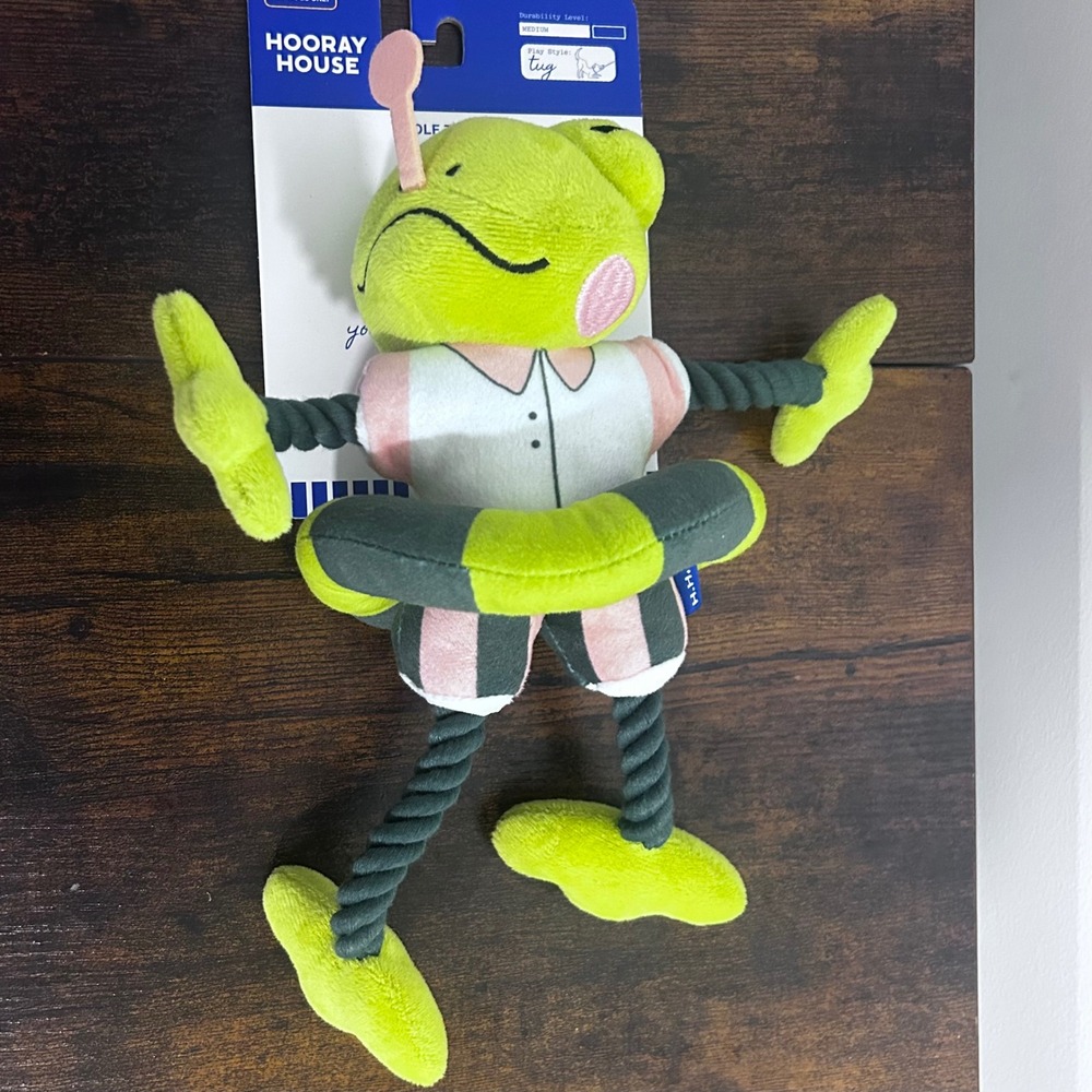 Hooray House Rolf Tug Toy Plush Frog Dog Toy Green Pink Rope Limbs NWT